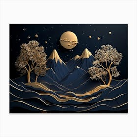 3d Modern Art with Dark Blue and Golden Wave Landscape Canvas Print