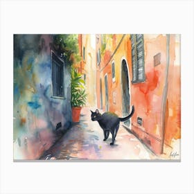 Black Cat In Genoa, Italy, Street Art Watercolour Painting 3 Canvas Print