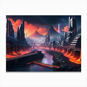 Cyberpunk city with lava and river 2 Canvas Print