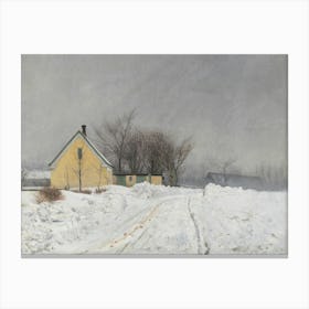 Yellow House in the Snow, Vintage Winter Landscape Canvas Print