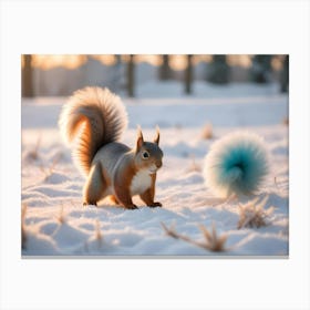 Curious Red Squirrel Standing In The Snow Looking At A Blue Pompom Canvas Print