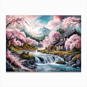 Mountain River and Cherry Blossom Art Painting #3 Canvas Print