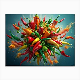 Colorful Chili Peppers Exploding With Colored Paint On A Blue Background Canvas Print