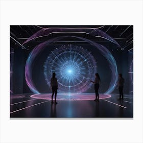 Three Women Silhouetted Against A Futuristic, Interactive Display Of Swirling Lines And Data Points In A Dark Room Canvas Print