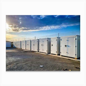 Row Of White Metal Storage Containers Lined Up Outdoors On A Construction Site Canvas Print