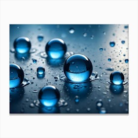 Multiple Blue Water Droplets Of Various Sizes Sit On A Dark Blue Surface With A Few More Droplets Falling Canvas Print