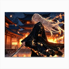 Anime - A Man with Sword at Burning Villages Canvas Print