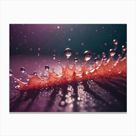 A Macro Photograph Of A Water Drop Splash, Creating A Crown Like Shape With Delicate Droplets And A Slight Red Hue Canvas Print