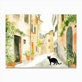 Black Cat In Ascoli Piceno, Italy, Street Art Watercolour Painting 3 Canvas Print