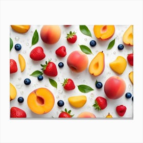 A Flat Lay Composition Of Fresh Fruit, Including Peaches, Strawberries, Blueberries, And Leaves, Arranged On A White Background, Creating A Visually Appealing Pattern Canvas Print