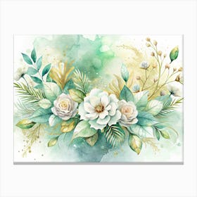 Watercolor Painting Of A White Flower Bouquet With Green And Gold Foliage Canvas Print