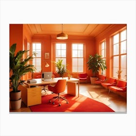 Modern Office Interior With Plants, Orange Walls, Red Furniture, Windows, Desk, And A Laptop Computer Canvas Print