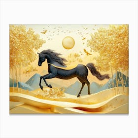 3D Golden Horse on Wave Mountains Landscape Canvas Print