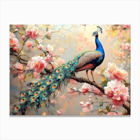 Peacock On Branch With Colorful Flowers 3d 2 Canvas Print