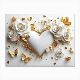 3d White Background and Gold Roses with Butterflies and Heart Shape Canvas Print