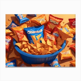 A Blue Bucket Filled With Tortilla Chips And Surrounded By Various Bags Of Popular Snack Brands, Including Doritos, Cheetos, And Tostitos Canvas Print