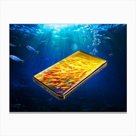 Sunburst Yellow Smartphone Evolving Into A Swirling School Of Tiny Neon Fish Transitioning Across S Canvas Print