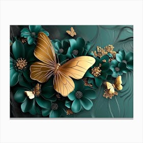 3d Floral Background with Green Flowers and Golden Butterfly Canvas Print