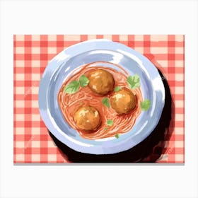 A Plate Of Meatballs Spaguetti, Top View Food Illustration, Landscape 3 Canvas Print
