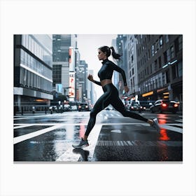 Woman Jogging In The Rain Canvas Print