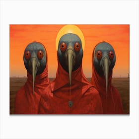 Three Red Hens In Front Of An Orange Sky In The Style 2 Canvas Print