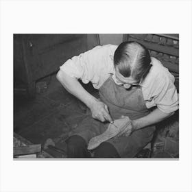 Cowboy Bootmaker Punching Holes In Inner Sole In Goodyear Welt Method With Awl,Cowboy Bootmaking Shop Canvas Print