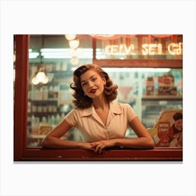 Vintage Style Photo Of A Young Woman Leaning Gracefully Against The Windowpane Of A Quaint Retro Sho Canvas Print