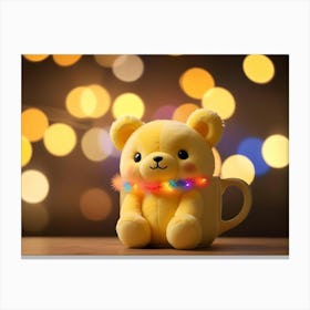 Yellow Plush Bear In A Cup With Colorful Lights On A Wooden Table Canvas Print