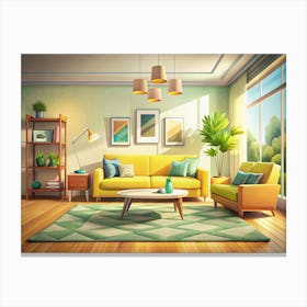 Modern Living Room With Yellow Furniture And Green Accents 1 Canvas Print