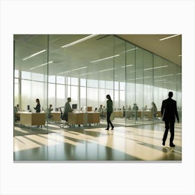 A Modern Office Interior With A Large Glass Wall, Revealing A Bustling Workspace With People Working At Desks Canvas Print