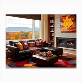 Cozy Autumn Living Room Vivid Colors Featuring Plaid Blankets Stretched Over A Leather Sofa A Pum Canvas Print