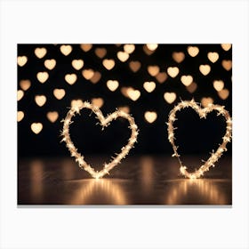 Two Intertwined Hearts Made Of Glowing String Lights On A Black Background With Heart Shaped Bokeh Lights Canvas Print