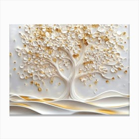 3d Art White And Gold Tree Life, 3d Art Gold Tree And White Circles Canvas Print