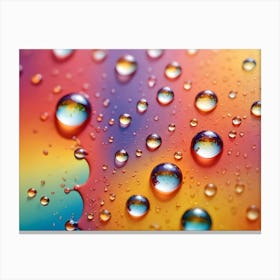 A Macro Shot Of Water Droplets On A Colorful, Rainbow Like Surface Canvas Print