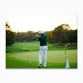 Evening Glow Softly Embracing A Serene Golf Course As A Golfer Swings A White Driver Amidst The Acti (2) Canvas Print