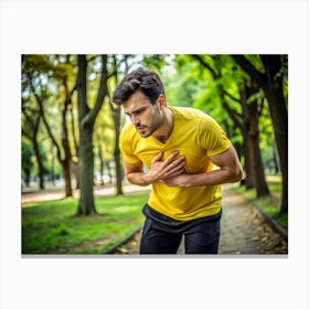 Man Suffering From Chest Pain While Running In A Park Canvas Print