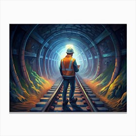 Man In A Hard Hat Looking At Railroad Tracks Canvas Print