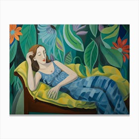 Art deco floral art. Woman In A Blue Dress Canvas Print