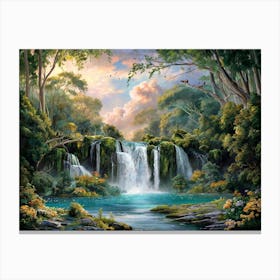 Majestic Waterfall Forest with Flowers Painting #8 Canvas Print