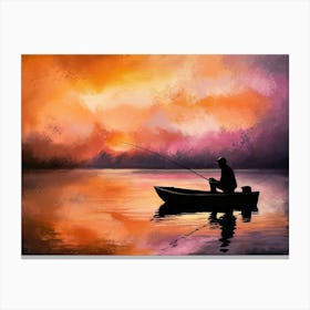 Silhouette a man fishing on boat - Acrylic oil painting #3 Canvas Print