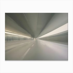 A Long, Narrow Tunnel With White Lines And A Faint Light At The End, Conveying A Sense Of Speed And Movement Canvas Print