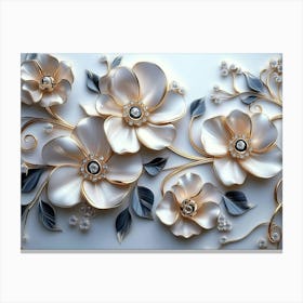 Majestic 3d Artwork Design, White and Blue Tones, Golden Jewelry, Black Floral Motifs Canvas Print