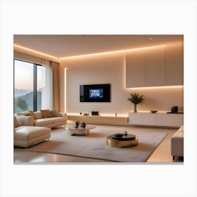 A Modern Living Room Interior With A White Sofa, A Coffee Table, A Tv, And Accent Lighting, Creating A Minimalist And Sophisticated Design Canvas Print