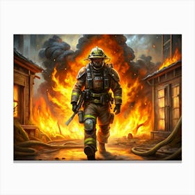 Firefighter In Protective Gear Walking Through Flames 1 Canvas Print