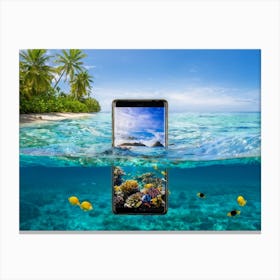 Smartphone Morphing Into A Vibrant Tropical Aquatic Creature Lively Colors Weave Through Its Surfa Canvas Print