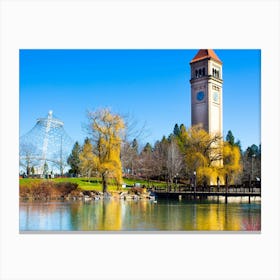 Clock Tower By The Lake Canvas Print