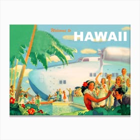 Hawaii, Big Tourist Airplane on The Port, Vintage Travel Poster Canvas Print