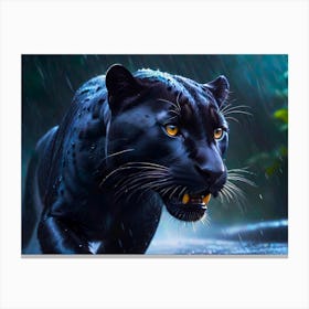 Beautiful Wild Black Panther In The Rain As A Photo Realistic Close Up Painting Canvas Print