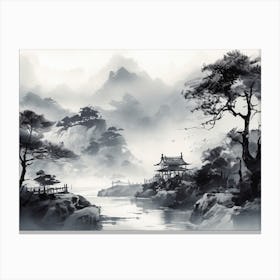 Black White Painting River Scene Canvas Print