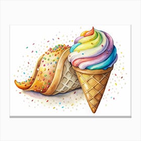 Rainbow Ice Cream Cone With Sprinkles And Waffle Cone Canvas Print